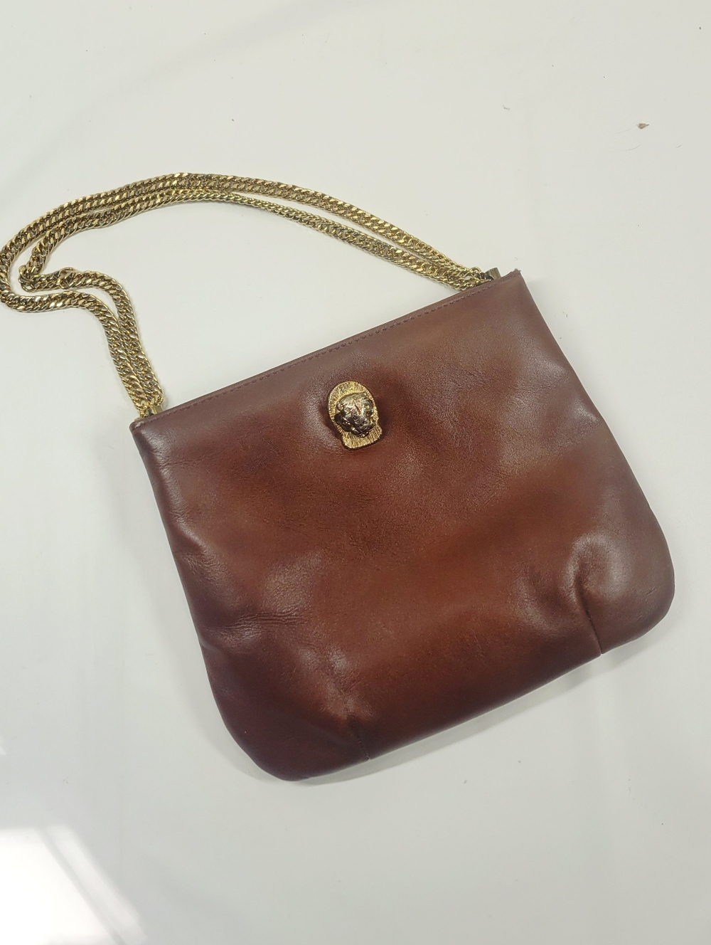 Vintage Ruth Saltz Brown Leather Gold Chain Strap Tigers Head Bag